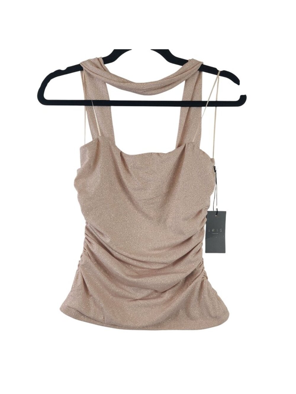NEW Iris Los Angeles Sparkly Tan Gold Glitter Ruched Sleeveless Top Sz M